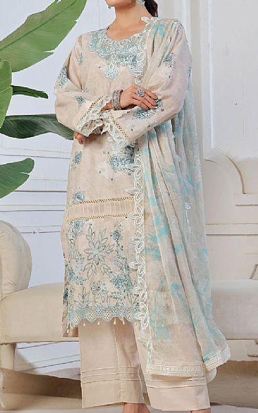 Al Zohaib Ivory/Turquoise Lawn Suit | Pakistani Lawn Dress in USA- Image 1