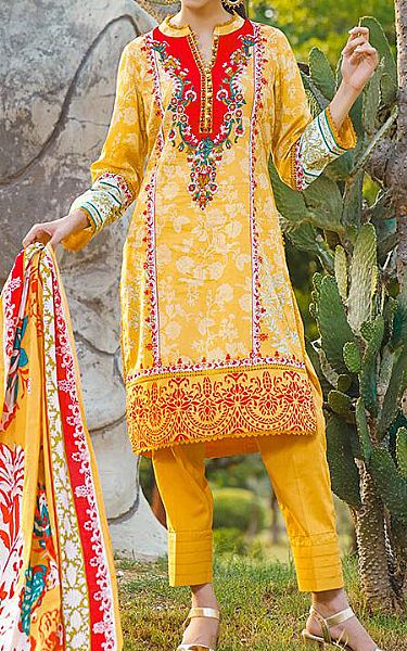 Al Zohaib Golden Yellow Cambric Suit | Pakistani Dresses in USA- Image 1