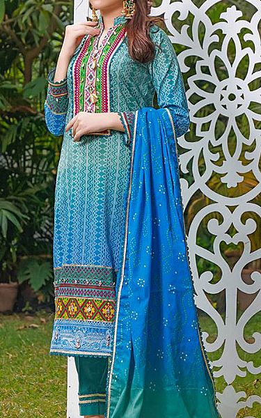 Al Zohaib Teal Cambric Suit | Pakistani Dresses in USA- Image 1