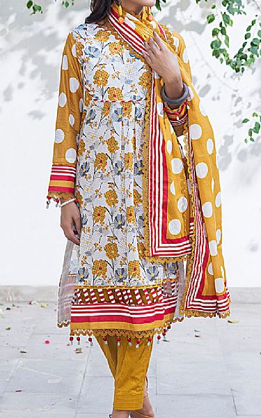 Al Zohaib Off White/Mustard Lawn Suit | Pakistani Lawn Suits- Image 1