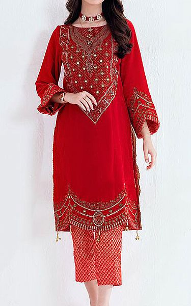 Al Zohaib Red Velvet Kurti | Pakistani Winter Dresses- Image 1