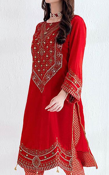 Al Zohaib Red Velvet Kurti | Pakistani Winter Dresses- Image 2