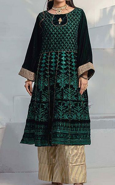 Al Zohaib Bottle Green Velvet Kurti | Pakistani Winter Dresses- Image 1