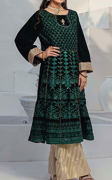 Al Zohaib Bottle Green Velvet Kurti | Pakistani Winter Dresses- Image 2