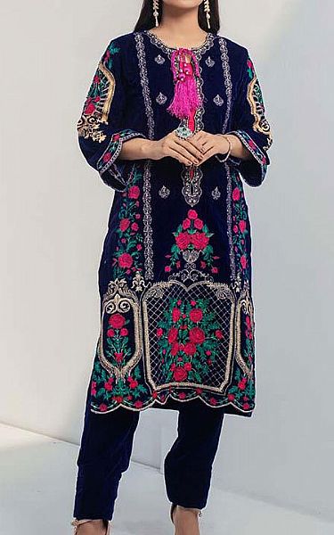 Al Zohaib Dark Blue Velvet Kurti | Pakistani Winter Dresses- Image 1