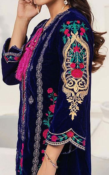 Al Zohaib Dark Blue Velvet Kurti | Pakistani Winter Dresses- Image 2