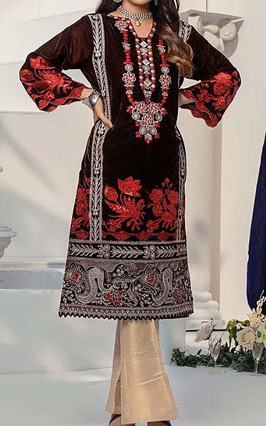 Al Zohaib Dark Brown Velvet Kurti | Pakistani Winter Dresses- Image 1