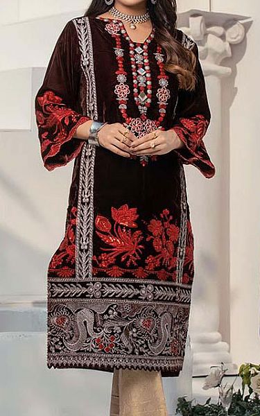 Al Zohaib Dark Brown Velvet Kurti | Pakistani Winter Dresses- Image 2