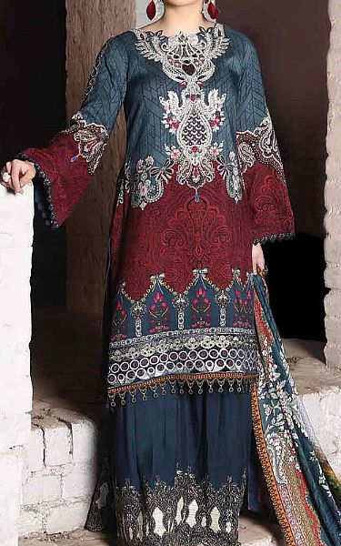 Anamta Denim Blue/Red Linen Suit | Pakistani Winter Dresses- Image 1