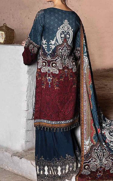 Anamta Denim Blue/Red Linen Suit | Pakistani Winter Dresses- Image 2