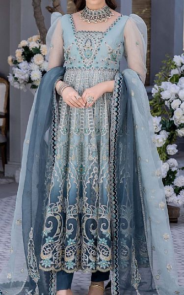 Anamta Baby Blue Organza Suit | Pakistani Embroidered Chiffon Dresses- Image 1