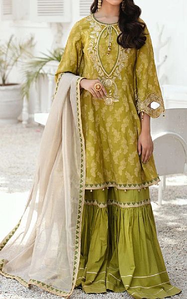 Anamta Olive Green Jacquard Suit | Pakistani Lawn Suits- Image 1