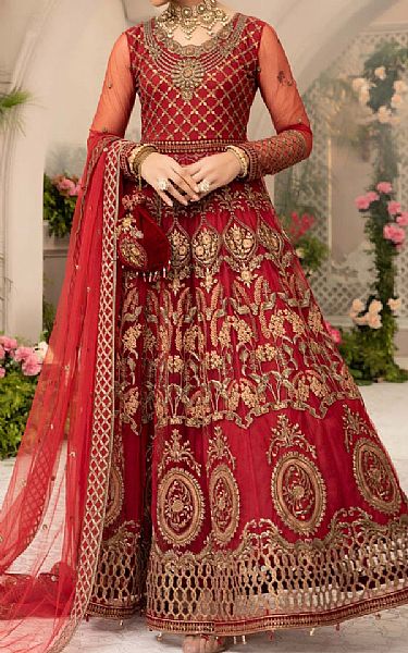Anamta Red Net Suit | Pakistani Embroidered Chiffon Dresses- Image 1