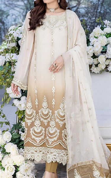 Anamta White/Light Taupe Chiffon Suit | Pakistani Embroidered Chiffon Dresses- Image 1