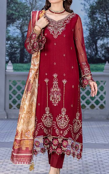 Anamta Wine Red Chiffon Suit | Pakistani Embroidered Chiffon Dresses- Image 1