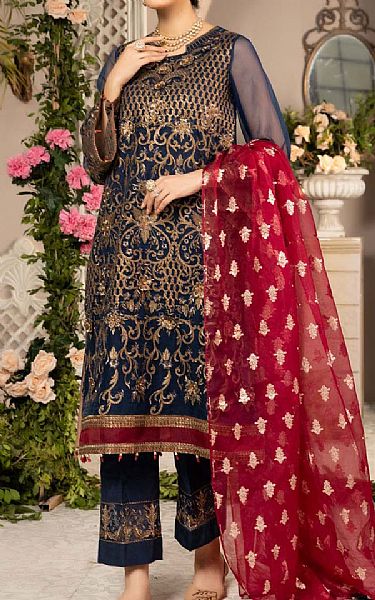 Anamta Prussian Blue Organza Suit | Pakistani Embroidered Chiffon Dresses- Image 1
