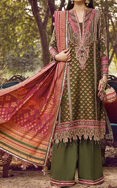 Anaya Olive Green Jacquard Suit | Pakistani Winter Dresses- Image 1