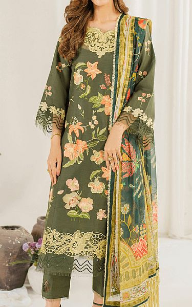 Asifa N Nabeel Asparagus Green Lawn Suit | Pakistani Lawn Dress in USA- Image 1