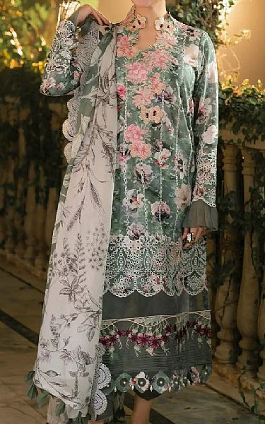 Asifa N Nabeel Spanish Green Lawn Suit | Pakistani Lawn Dress in USA- Image 1