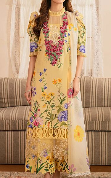Asifa N Nabeel Light Yellow Lawn Suit | Pakistani Lawn Dress in USA- Image 1