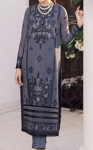 Asim Jofa Slate Grey Cotton Kurti | Pakistani Embroidered Chiffon Dresses- Image 1