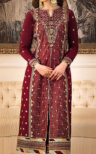 Asim Jofa Maroon Cotton Suit (2 Pcs) | Pakistani Embroidered Chiffon Dresses- Image 1
