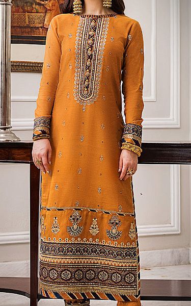 Asim Jofa Orange Cotton Suit (2 Pcs) | Pakistani Embroidered Chiffon Dresses- Image 1