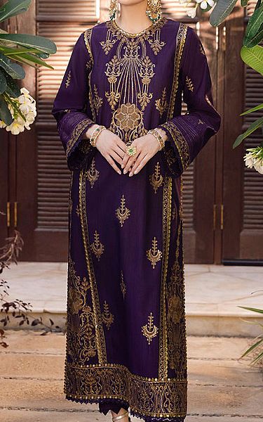 Asim Jofa Purple Raw Silk Kurti | Pakistani Embroidered Chiffon Dresses- Image 1