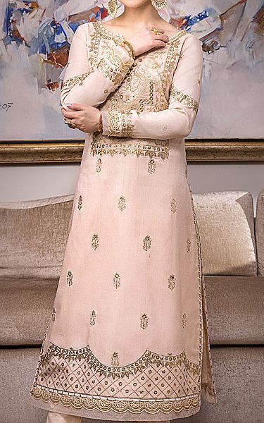 Asim Jofa Ivory Raw Silk Kurti | Pakistani Embroidered Chiffon Dresses- Image 1