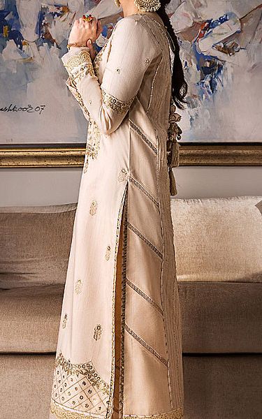 Asim Jofa Ivory Raw Silk Kurti | Pakistani Embroidered Chiffon Dresses- Image 2