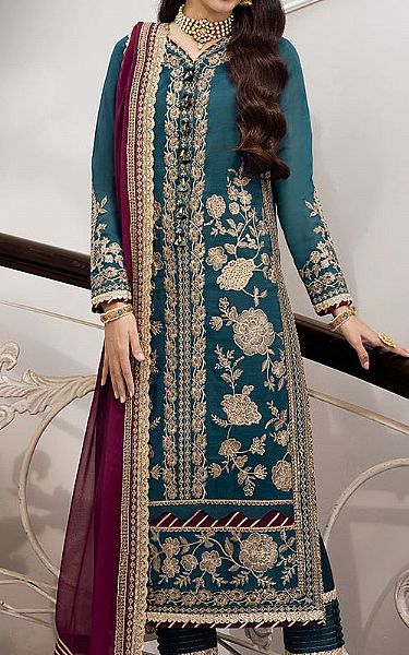 Asim Jofa Denim Blue Cotton Suit (2 Pcs) | Pakistani Embroidered Chiffon Dresses- Image 1