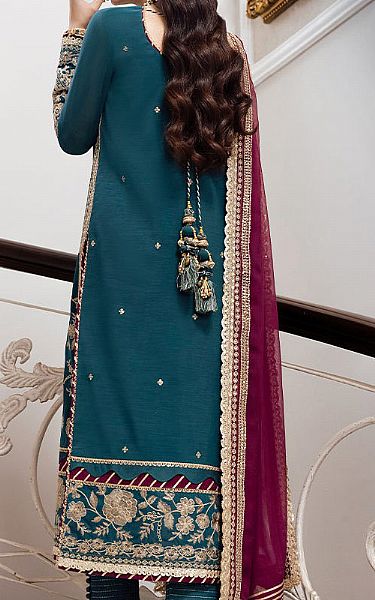 Asim Jofa Denim Blue Cotton Suit (2 Pcs) | Pakistani Embroidered Chiffon Dresses- Image 2