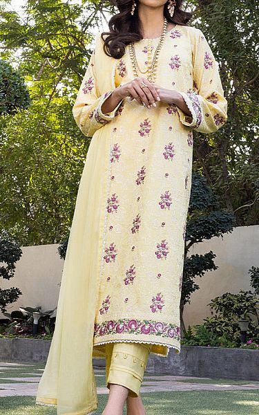 Asim Jofa Pastel Yellow Cambric Suit | Pakistani Lawn Suits- Image 1