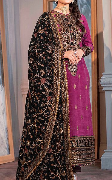 Asim Jofa Shocking Pink Silk Suit | Pakistani Embroidered Chiffon Dresses- Image 1