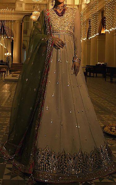 Asim Jofa Beige Net Suit | Pakistani Embroidered Chiffon Dresses- Image 1