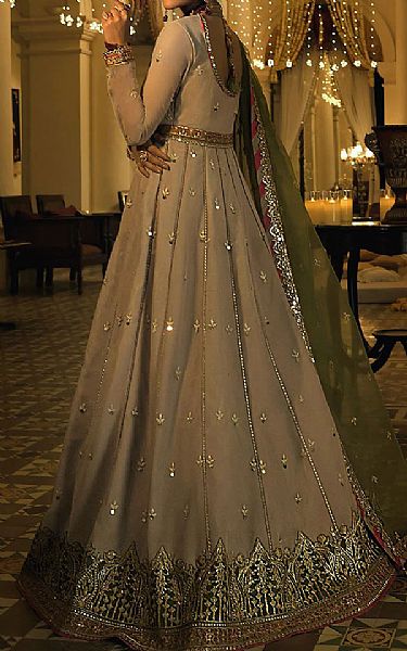 Asim Jofa Beige Net Suit | Pakistani Embroidered Chiffon Dresses- Image 2