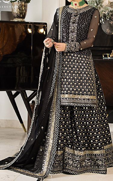 Asim Jofa Black Chiffon Suit | Pakistani Embroidered Chiffon Dresses- Image 1