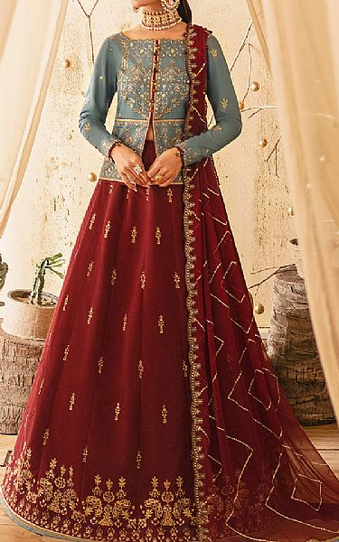 Asim Jofa Sky Blue/Red Silk Suit | Pakistani Embroidered Chiffon Dresses- Image 1