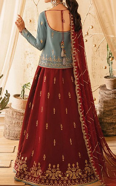 Asim Jofa Sky Blue/Red Silk Suit | Pakistani Embroidered Chiffon Dresses- Image 2