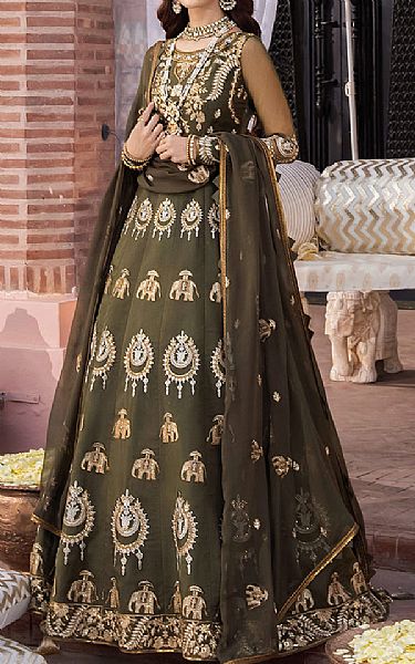 Asim Jofa Fern Green Organza Suit | Pakistani Embroidered Chiffon Dresses- Image 1