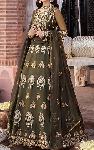 Asim Jofa Fern Green Organza Suit | Pakistani Embroidered Chiffon Dresses USA- Image 1