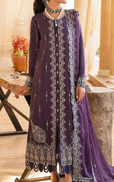Asim Jofa English Violet Silk Suit | Pakistani Embroidered Chiffon Dresses- Image 1