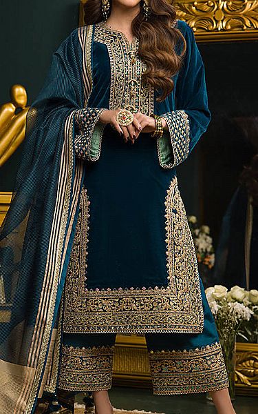 Asim Jofa Teal Blue Velvet Suit | Pakistani Dresses in USA- Image 1