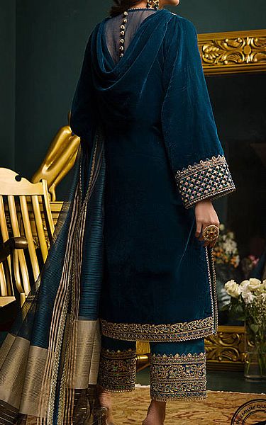 Asim Jofa Teal Blue Velvet Suit | Pakistani Dresses in USA- Image 2