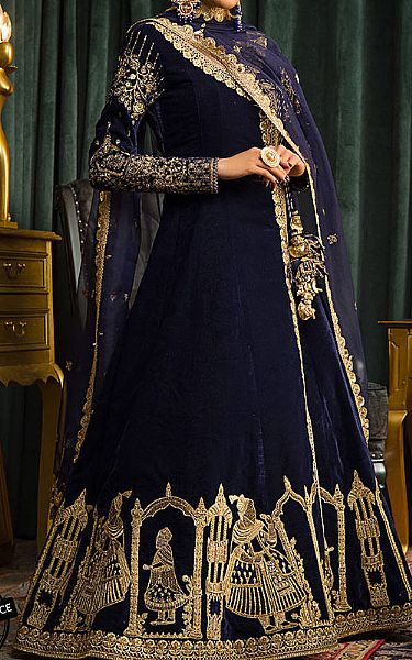 Asim Jofa Navy Blue Velvet Suit | Pakistani Winter Dresses- Image 1