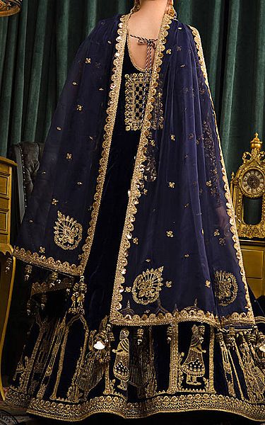 Asim Jofa Navy Blue Velvet Suit | Pakistani Winter Dresses- Image 2
