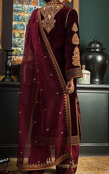 Asim Jofa Maroon Velvet Suit | Pakistani Dresses in USA- Image 2