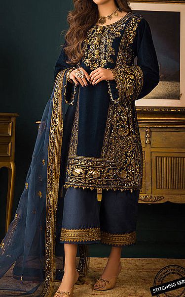 Asim Jofa Dark Blue Velvet Suit | Pakistani Dresses in USA- Image 1