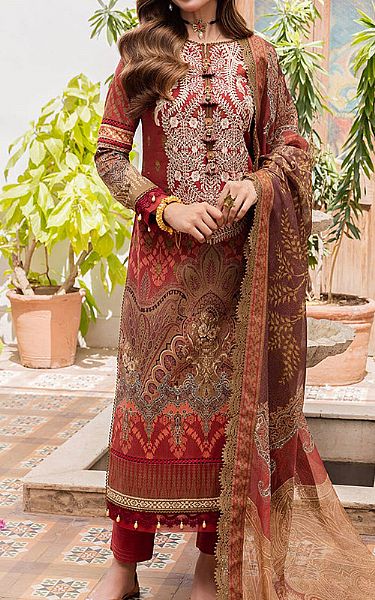 Asim Jofa Vermilion Red Cotton Suit | Pakistani Winter Dresses- Image 1