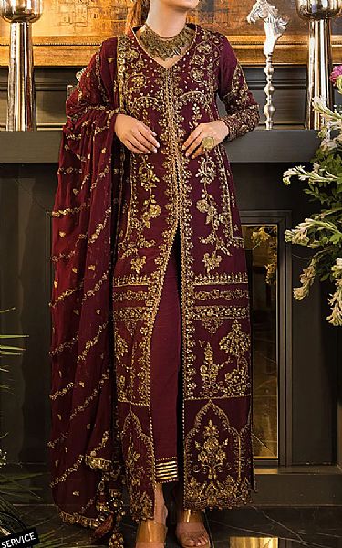 Asim Jofa Maroon Silk Suit | Pakistani Dresses in USA- Image 1